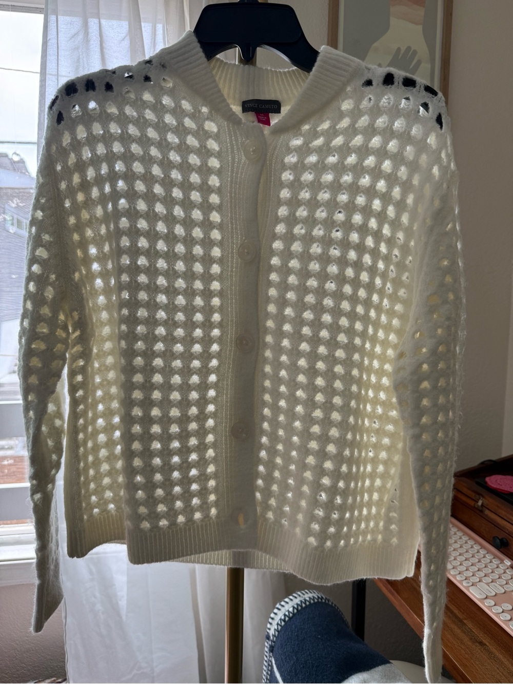 White Openwork Knit Cardigan Sweater